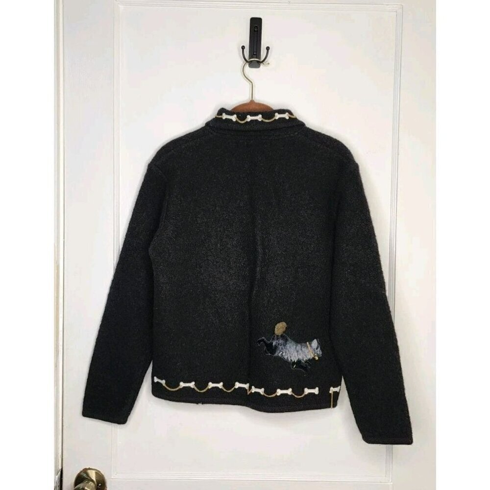 Cute 90s Boiled Wool Full Zip Cardigan Dogs Bones Lisa International Sz Petite M - Picture 2 of 7
